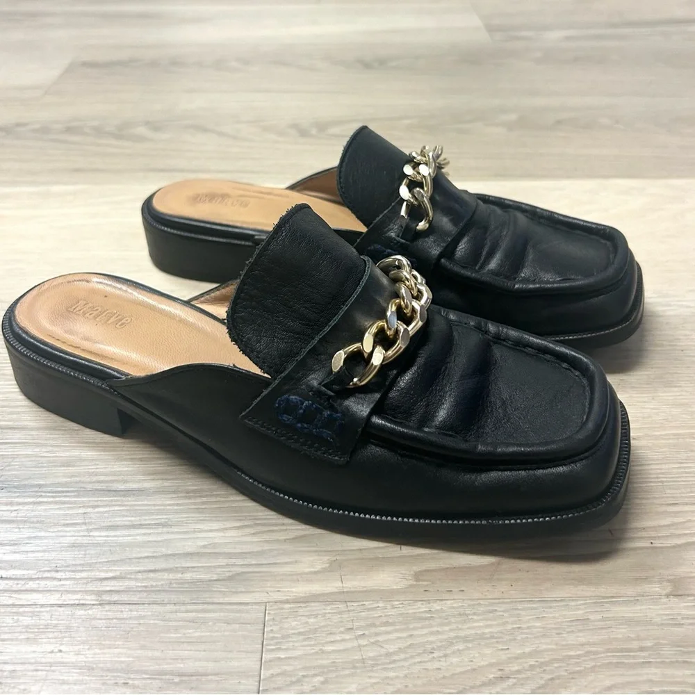 Anthropologie Maeve Shoes Loafers Black Leather Flats Gold Chain Women 37 US 6.5
